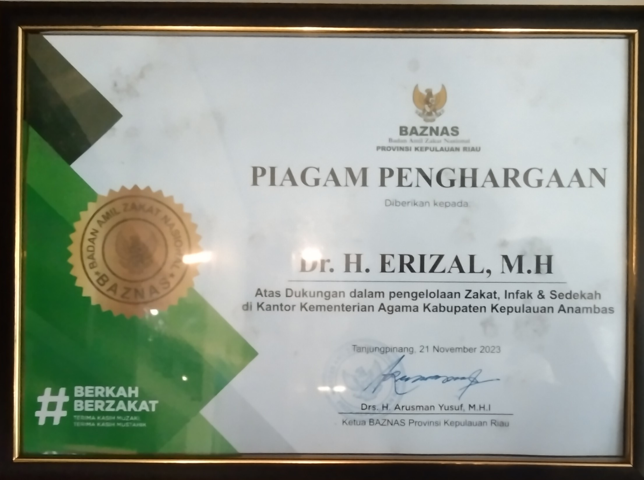 Penghargaan atas dukungan dalam pengelolaan Zakat, Infak dan Sedekah tahun 2023